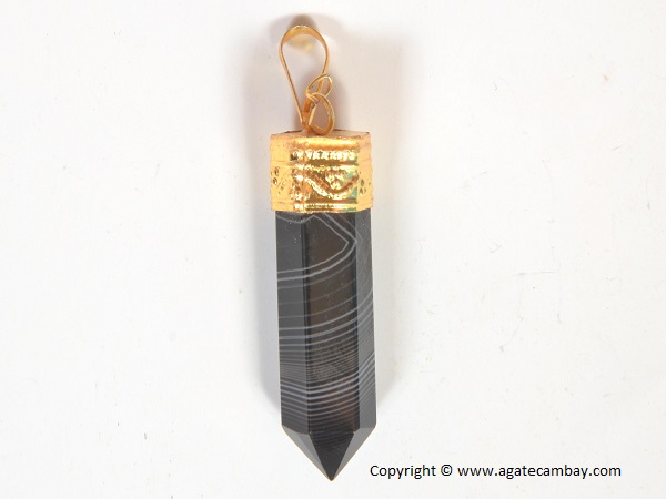 Black Banded Agate Pencil Point Pendant With Gold Plated