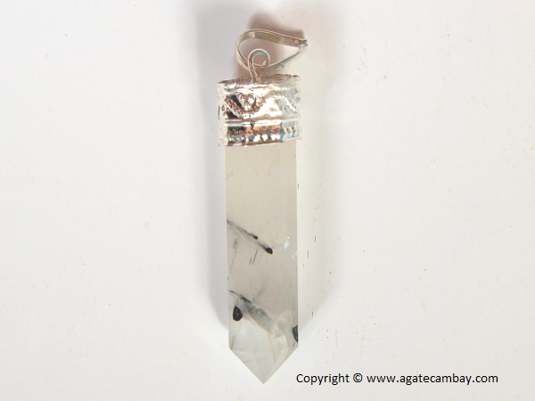 Black Rutile Pencil Point Pendant With Silver Plated
